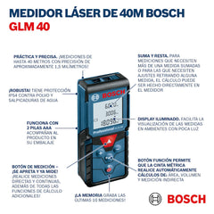Medidor Láser, GLM 40, Alcance 40m Con Estuche, Ref 0601072900, Marca Bosch (Bajo Pedido)