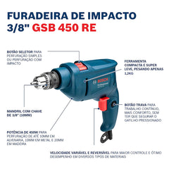 Taladro Percutor 3/8", GSB 450 RE, 450W, 110V, En Caja, Ref 06011B50G0, Marca Bosch (Bajo Pedido)