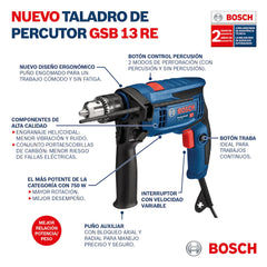 Taladro Percutor, GSB 13 RE, 750W, 110V, En maletín, Ref 06012B80G1, Marca Bosch (Bajo Pedido)