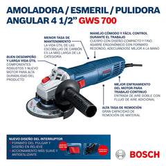 Pulidora Angular, GWS 700 Eje 5/8", 710W, 110V, Ref 06013A30G1, Marca Bosch (Bajo Pedido)