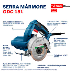 Sierra Mármol, GDC 151, 110V, Incluye 1 Disco+Kit Refrigeración, Ref 0601.548.7G0-000, Marca Bosch (En Stock)