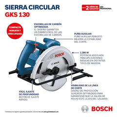 Sierra Circular, GKS 130, 110V, Incluye 1 Disco de Corte 24D, Ref 06016C30G0, Marca Bosch (Bajo Pedido)