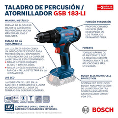 Taladro Percutor-Atornilla 1/2" Inalám, GSB 183-LI, 18V, 1Bat+Mal, Ref 06019K91G1, Marca Bosch (Bajo Pedido)