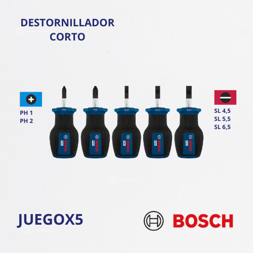 Juego Destornillador/Atornillador Cortos X5, PH X2/SL X4, Ref 1600.A03.HU6-000, Marca Bosch (Bajo Pedido)