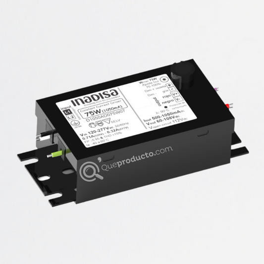 LED Driver DIM 75W, 500-1050mA, Output 60-108Vdc, 120-277Vac, Ref DE1050AD075W07, Marca Inadisa (Bajo Pedido)