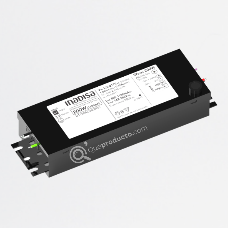 LED Driver DIM 200W, 500-1150mA, Out 142-285 Vdc, 120-277 Vac, Ref DE1150AD200W07, Marca Inadisa (O)