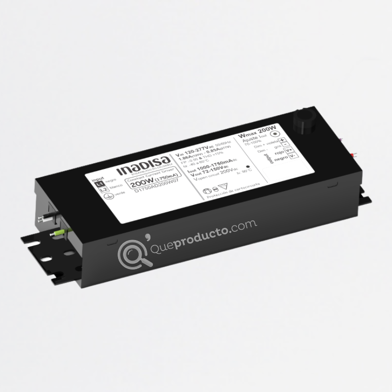 LED Driver DIM 200W, 1100-1750mA, Out 72-143 Vdc, 120-277 Vac, Ref DE1750AD200W07, Marca Inadisa (O)