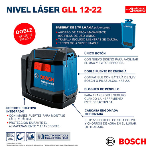 Nivel láser Rojo, GLL 12-22, Alcance 12m, Con Soporte Giratorio, Ref 0601065220, Marca Bosch (Bajo Pedido)