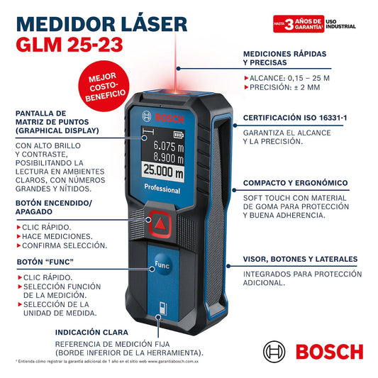 Medidor láser, GLM 25-23, Alcance 25m, Ref 0601072W00, Marca Bosch (Bajo Pedido)