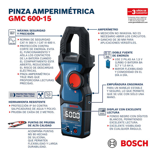 Pinza Amperimétrica, TRMS GMC 600-15, Ref 0601077600?, Marca Bosch (Bajo Pedido)