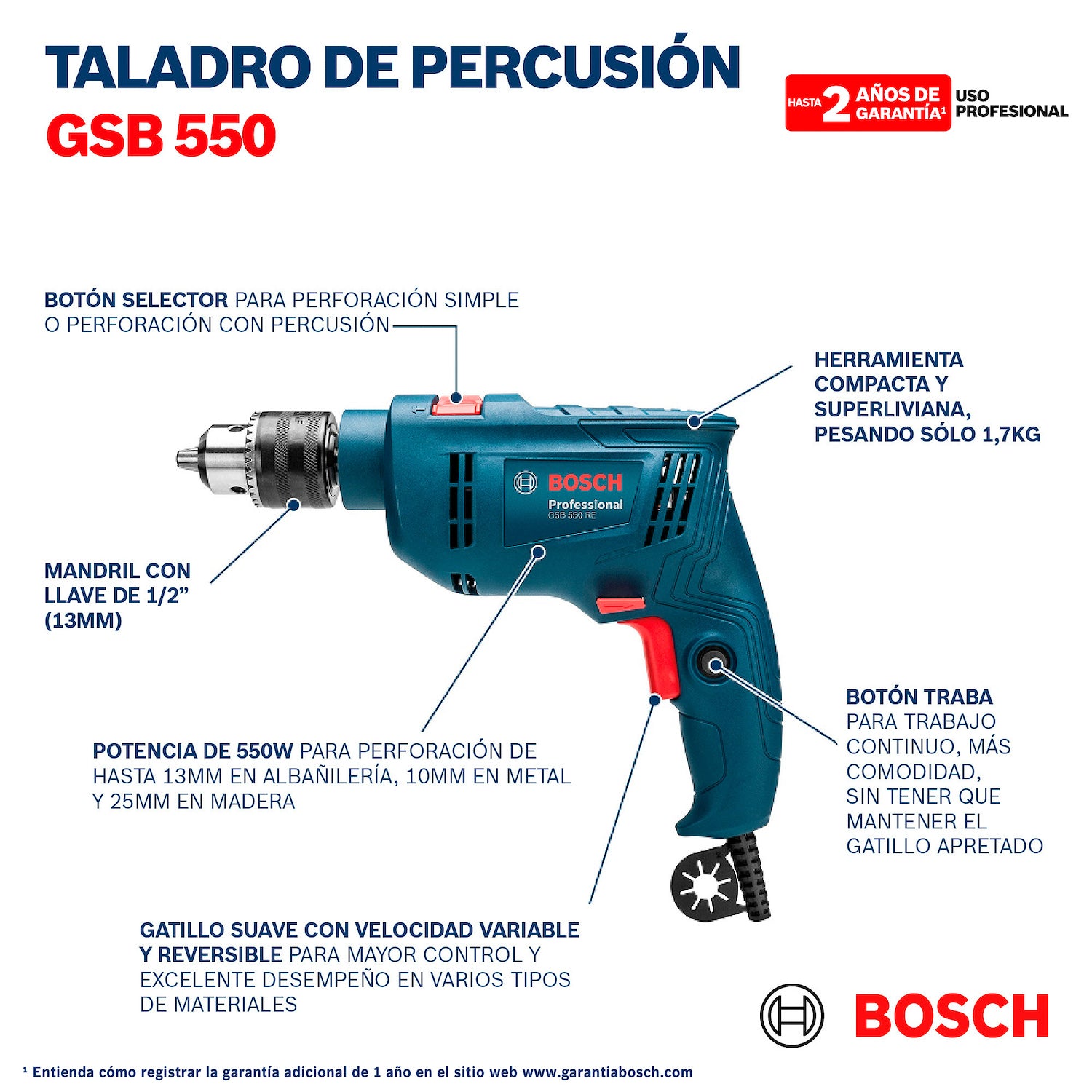 Taladro Percutor 1/2", GSB 550 RE 550W, 110V, En maletín, Ref 0601.1B6.0G2-000, Marca Bosch (Bajo Pedido)