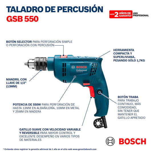 Taladro Percutor 1/2", GSB 550 RE 550W, 110V, En maletín, Ref 0601.1B6.0G2-000, Marca Bosch (Bajo Pedido)