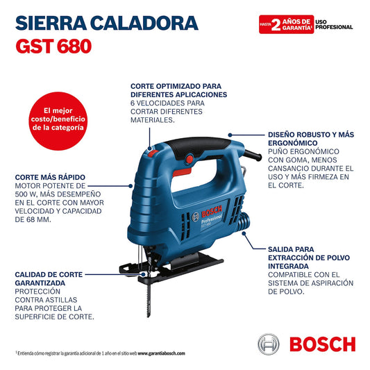 Sierra Caladora GST 680, 500W, 6 Velocidades, Ref 06015B40G0, Marca Bosch (Bajo Pedido)