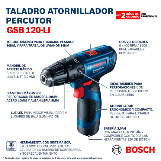 Taladro Percutor-Atornillador Inalám, GSB 120-LI, 12V, En Caja, Ref 06019G81G1, Marca Bosch (Bajo Pedido)