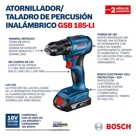 Taladro Percutor-Atornilla 1/2" Inalám, GSB 185-LI, 18V, 1 Bat+Mal, Ref 06019K31G1, Marca Bosch (Bajo Pedido)