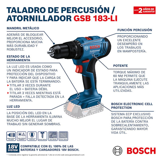 Taladro Percutor-Atornilla 1/2" Inalám, GSB 183-LI, 18V, 1Bat+Mal, Ref 06019K91G1, Marca Bosch (Bajo Pedido)