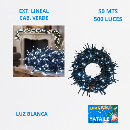 Ext. Navideña Lineal LED, 500L, L. Blanca, Cable Verde, 50 mts, IP65, Ref 1501, Marca Yataile (Bajo Pedido)