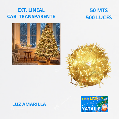 Ext. Navideña Lineal LED, 500L, L. Amarilla, Cable Transpa, 50 mts, IP65, Ref 1510, Marca Yataile (Bajo Pedido)