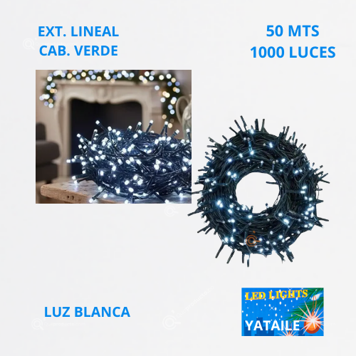 Ext. Navideña Lineal LED, 1000L, L. Blanca, Cable Verde, 50 mts, IP65, Ref 1521, Marca Yataile (Bajo Pedido)