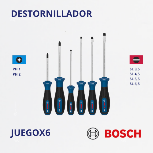 Juego Destornilladores X6, PH X2/SL X4, Ref 1600.A03.9PE-000, Marca Bosch (Bajo Pedido)