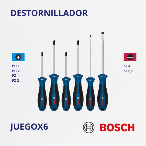 Juego Destornilladores X6, PH X2/PZ X2/SL X2, Ref 1600.A03.9PH-000, Marca Bosch (Bajo Pedido)