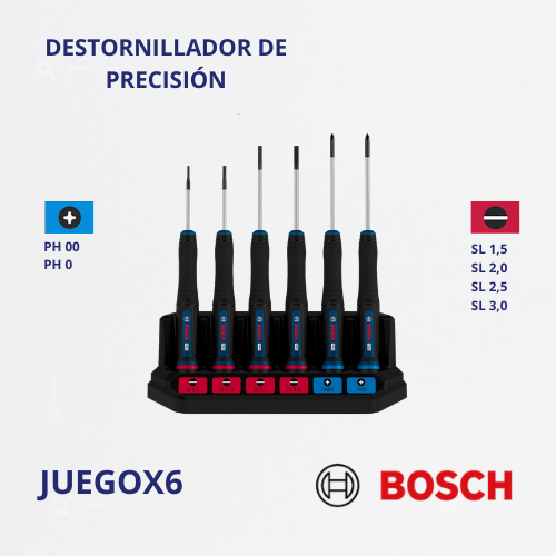 Juego Destornillador/Atornillador Precisión X6, PH X2/SL X4, Ref 1600.A03.9PL-000, Marca Bosch (Bajo Pedido)