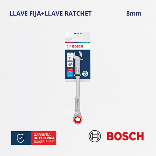 Llave Conbinada Boca Fija + Ratchet, 8mm, Ref 1600.A03.AG6-000, Marca Bosch (Bajo Pedido)