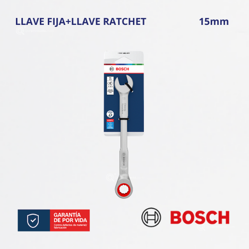 Llave Conbinada Boca Fija + Ratchet, 15mm, Ref  1600.A03.AH1-000, Marca Bosch (Bajo Pedido)