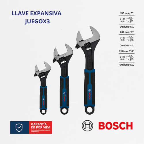 Juego Llaves Inglesa Ajustable 6"/8"/10", Ref 1600.A03.B2J-000, Marca Bosch (Bajo Pedido)