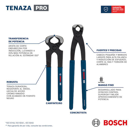 Tenazas de Albañil 225 mm, Mango Recubierto, Ref 1600.A03.9TZ-000, Marca Bosch (Bajo Pedido)