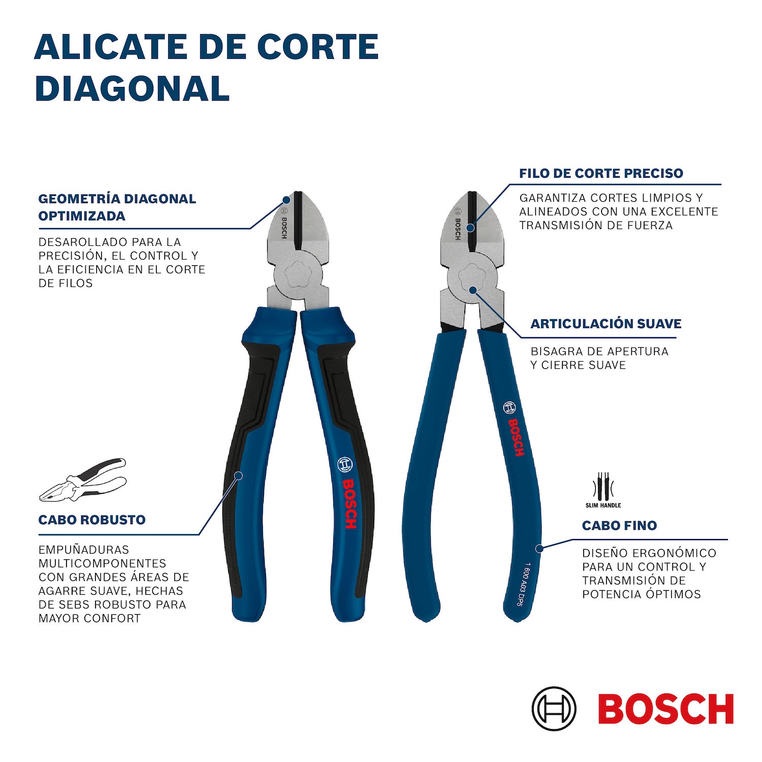 Alicate de Corte Diagonal 160 mm, Mango Multicomponente, Ref 1600.A03.9RD-000, Marca Bosch (Bajo Pedido)