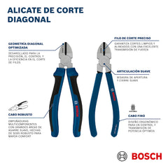 Alicate de Corte Diagonal 160 mm, Mango Multicomponente, Ref 1600.A03.9RD-000, Marca Bosch (Bajo Pedido)
