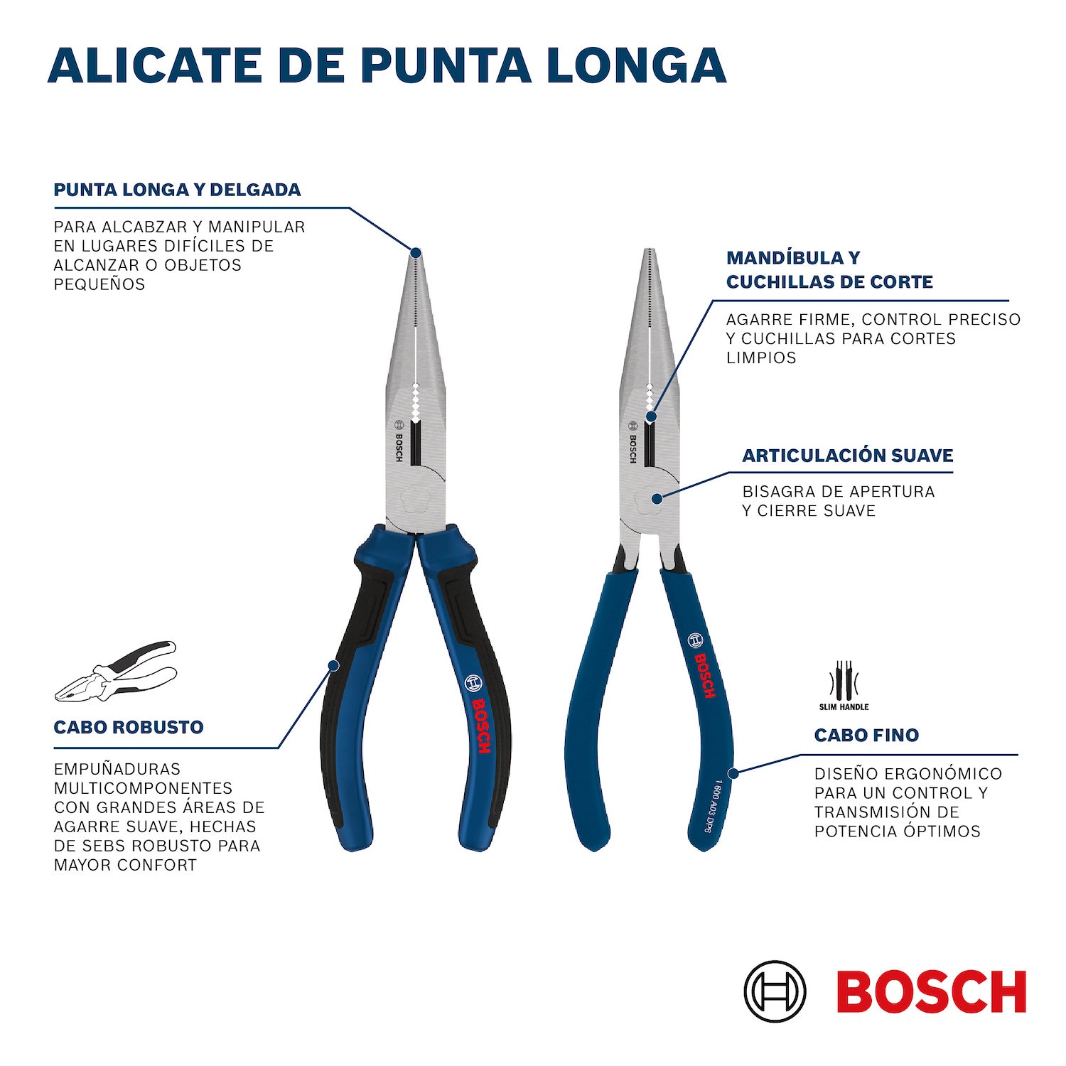 Alicate de Punta Larga 160 mm, Mango Antideslizante, Ref 1600.A03.DN2-000, Marca Bosch (Bajo Pedido)