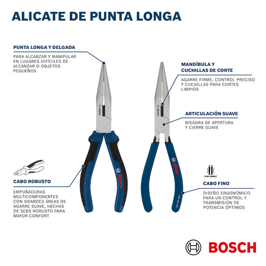 Alicate de Punta Larga 160 mm, Mango Antideslizante, Ref 1600.A03.DN2-000, Marca Bosch (Bajo Pedido)