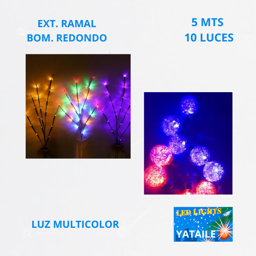 Ext. Ramal Con Bombilla LED (Bola), 10L, L. RGB, 5 mts, IP20, Ref 1601, Marca Yataile (Bajo Pedido)