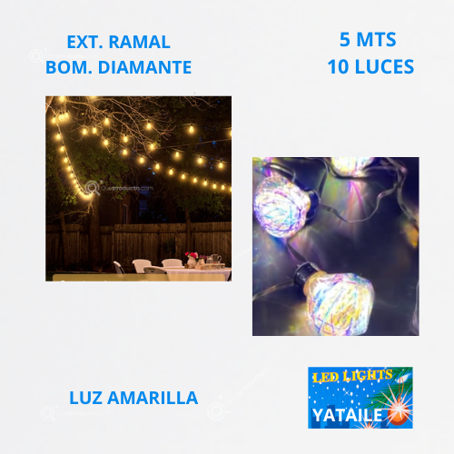 Ext. Ramal Con Bombilla LED (Diamante), 10L, L. Amarilla, 5 mts, IP20, Ref 1604, Marca Yataile (Bajo Pedido)