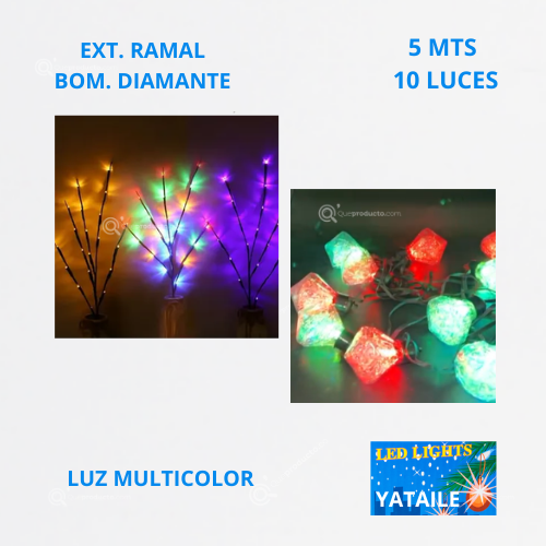 Ext. Ramal Con Bombilla LED (Diamante), 10L, L. RGB, 5 mts, IP20, Ref 1605, Marca Yataile (Bajo Pedido)