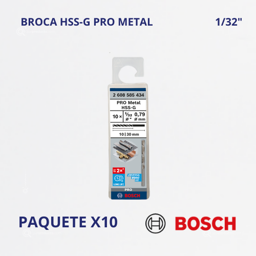 Broca Para Metal HSS-G Pro Metal, 1/32", CajaX10, Ref 2608.585.434-000, Marca Bosch (Bajo Pedido)