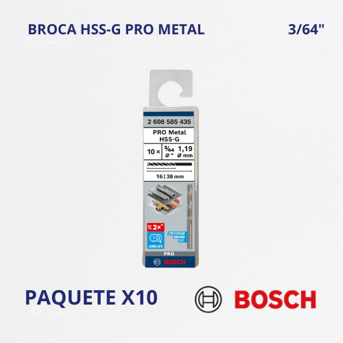 Broca Para Metal HSS-G Pro Metal, 3/64", CajaX10, Ref 2608.585.435-000, Marca Bosch (Bajo Pedido)