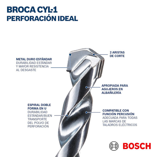 Broca Muro CYL1, 1/4"x4" X 10", PaqueteX10, Ref 2608590210, Marca Bosch (Bajo Pedido)