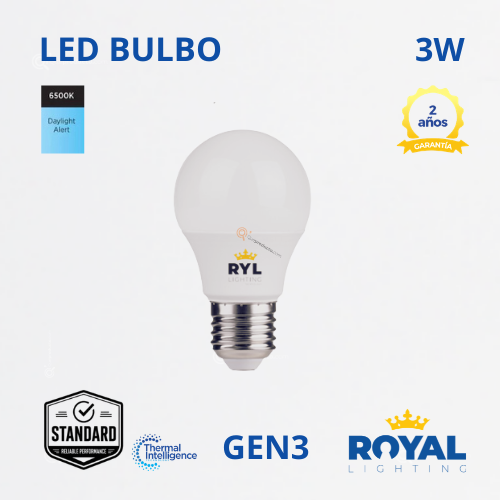 LED Bulbo 3W E27 Gen3, 6500K, 250 lm, IP20, 180G, 100-240V, Marca Royal Lighting (En Stock) x1.5 Puntos