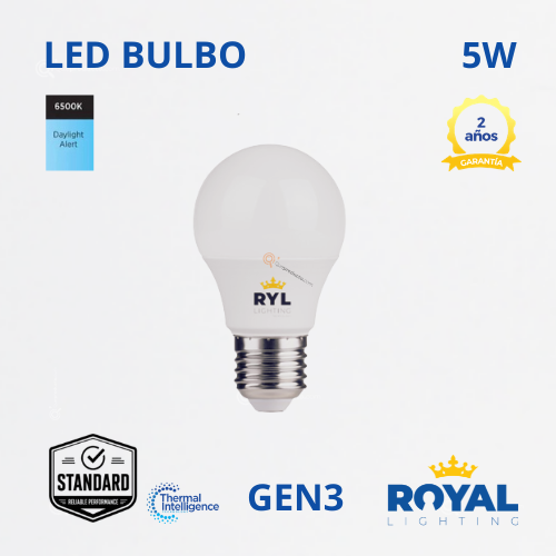 LED Bulbo 5W E27 Gen3, 6500K, 430 lm, IP20, 180G, 100-240V, Marca Royal Lighting (En Stock) x1.5 Puntos