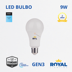 LED Bulbo 9W E27 Gen3, 6500K, 810 lm, IP20, 180G, 100-240V, Marca Royal Lighting (En Stock) x1.5 Puntos