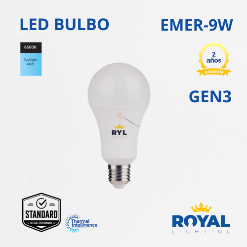LED Bulbo Emergencia 9W E27 Gen3, 6500K, 810 lm, IP20, 180G, 100-240V, Marca Royal Lighting (En Stock) X1 Punto
