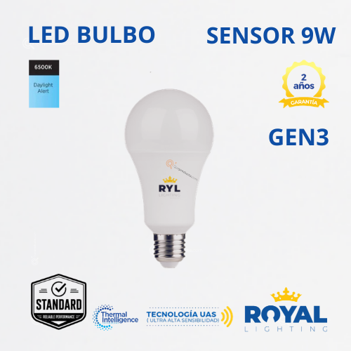 LED Bulbo Sensor 9W E27 Gen3, 6500K, 810 lm, IP20, 180G, 100-240V, Marca Royal Lighting (En Stock) X1 Punto