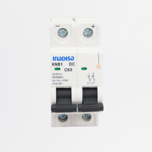 Interruptor Breaker R. DIN MCB 16A 2P, 500VDc, Curva C 4.5kA, Ref I2P165CD, Marca Inadisa (Bajo Pedido)