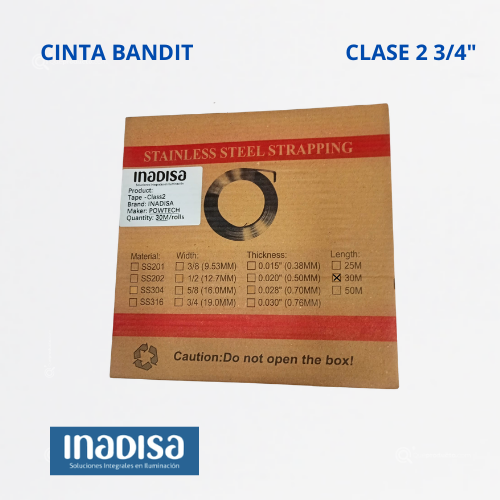 Cinta Sujeción Acero 304, Clase 2 3/4”, Ref HYR3470304, Cajax30.5 mts, E0.7 mm, Marca Inadisa (En Stock)