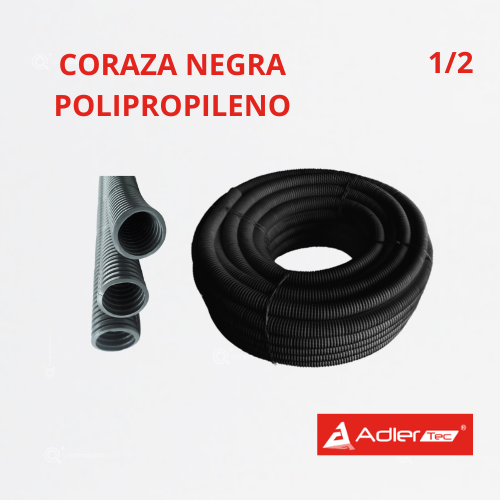 Coraza Polipropileno Retardada a la llama, Negra 1/2", RolloX100 mts, Ref CAPP-13, Marca Adler (Bajo Pedido)
