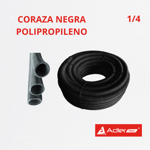 Coraza Polipropileno Retardada a la llama, Negra 1/4", RolloX100 mts, Ref CAPP-07, Marca Adler (Bajo Pedido)