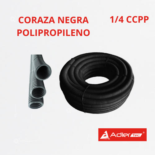 Coraza Polipropileno Retardada a la llama, Negra 1/4", RolloX100 mts, Ref CCPP-07, Marca Adler (Bajo Pedido)